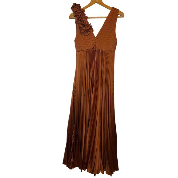 AMUR Aviva Rosette One Shoulder Pleated Gown Copper Size 2 - Picture 5 of 16